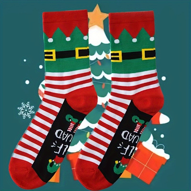 

1 Pair Festive Men's Christmas Elf Squad Crew Socks - Comfortable Breathable Warm Polyester Knit Fabric With Elastane, Hand Washable, Striped Pattern, Ideal Holiday Gift