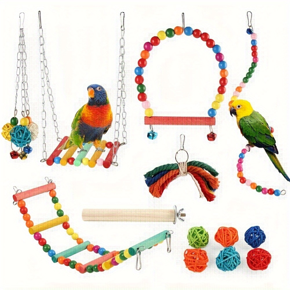 

Colorful Bird Toy Set, Parakeets Cockatiels Parrot Chewing Hanging Swing Toys With Bells & Ladder, Durable Bird Cage Accessories, Exercise & Play Hammock