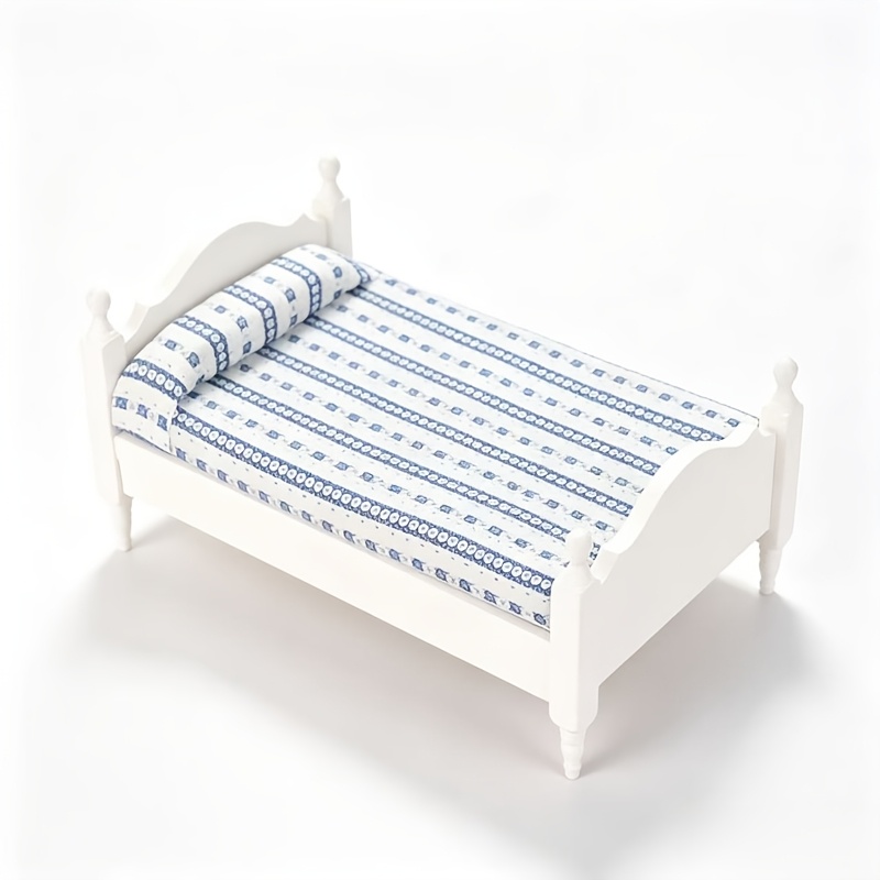 Image of 1:12 Scale Wooden Dollhouse Bed, Single Twin Size, Blue And White, No Electricity Needed, Ideal For Christmas, Halloween, Mardi Gras Decor, Festive Decor Bed|decorative Headboard|wooden Mini Bed