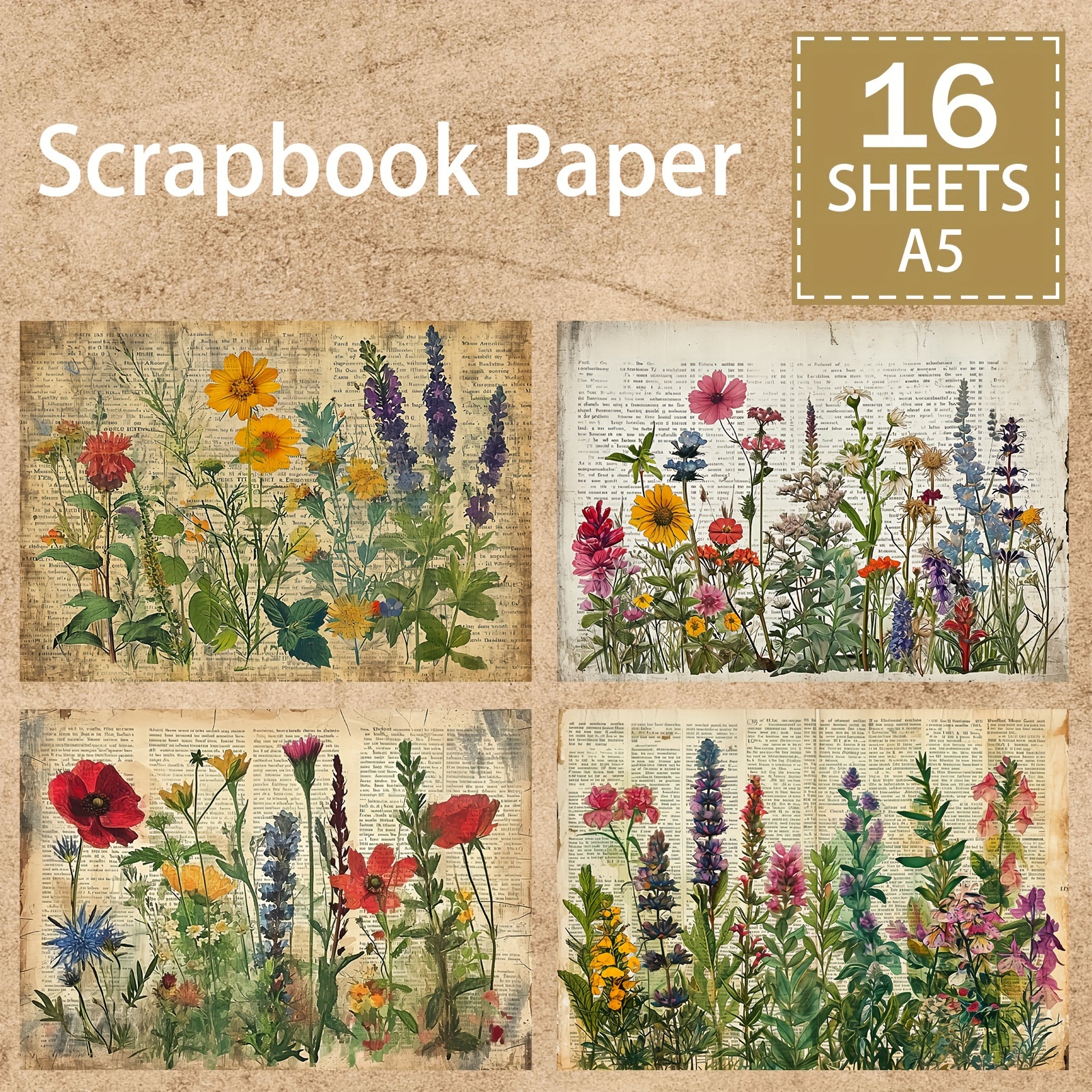 

16sheets A5 Size Retro Newspaper Background Flowers And Grasses Material Decoration Diy Retro Journal Junk Journal Greeting Card Planner Scrapbook Background Card Pad