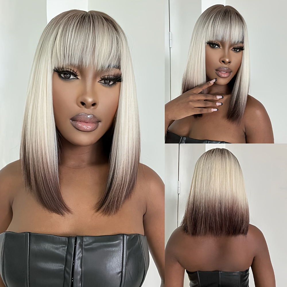 

Woven Wigs For Women, Straight Hair With Bangs, Mixed Color, Matte High-temperature Tang Long Fiber, Cap, Breathable, Basics Style, 150% Density, Applicable For African - Tang Long Fiber 100%