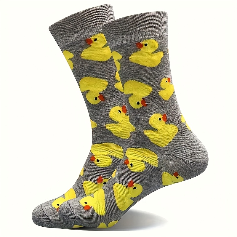 Image of 1 Pair Men's Mid-calf Socks | Cute Cartoon Yellow Duck Pattern, Fashionable And Stylish, Breathable And Moisture-wicking, Ideal For Spring And Autumn, And Spandex Blend