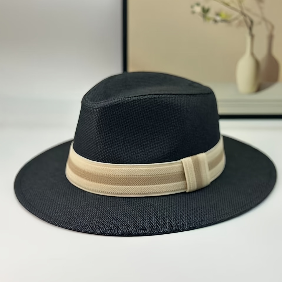 TEMU Wide Brim Panama Straw Hat - British Style Suitable For Beach, Outdoor, Travel | Khaki Beige Webbing Top Hat With Wide Brim | Straw For Casual &