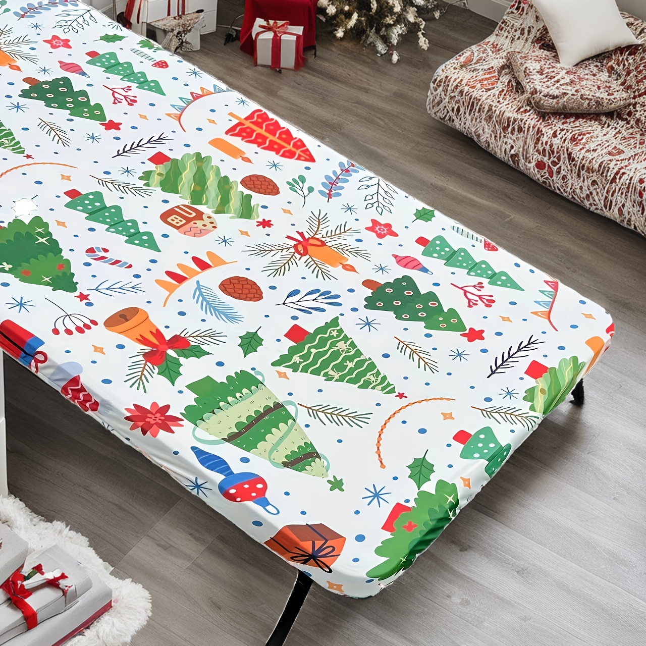 

Christmas Tree And Pattern Tablecloth - 100% Polyester, Elasticized, - Table For 6ft Tables - , For /, Camping - Decor For Christmas And New