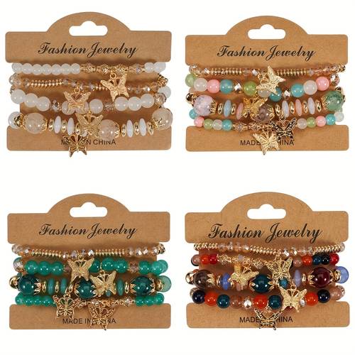 a set of four vintage bohemian artificial crystal glass ccb alloy pendant layered beaded bracelets suitable for women to wear on a during vacations weddings parties celebrations christmas valentines day