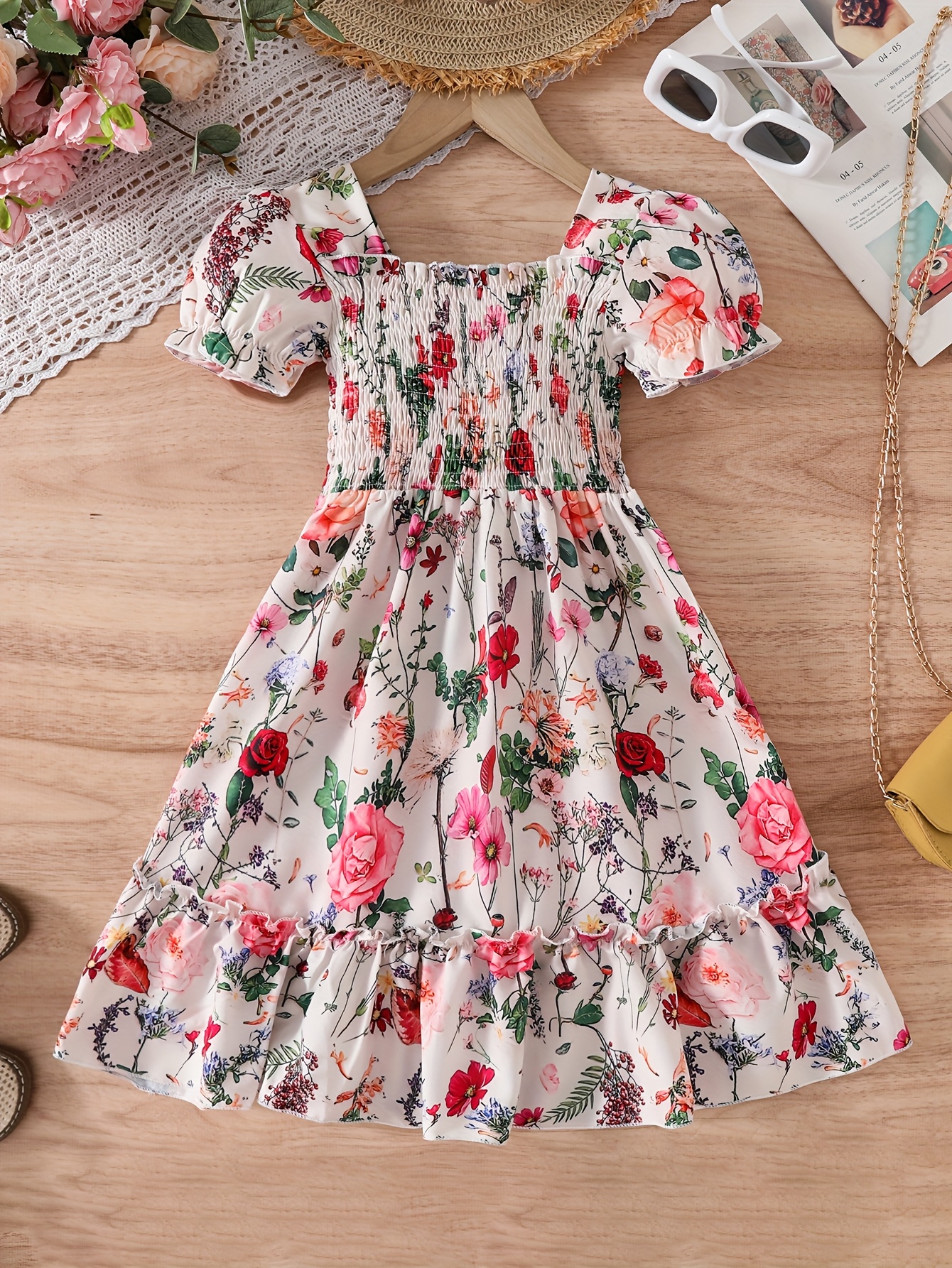 1pc girls' floral chiffon dress - cute style with collar & hem, lightweight  polyester fabric, black & white floral pattern, parties or casual play,  princess dresses for girls | Shop Trends | Temu