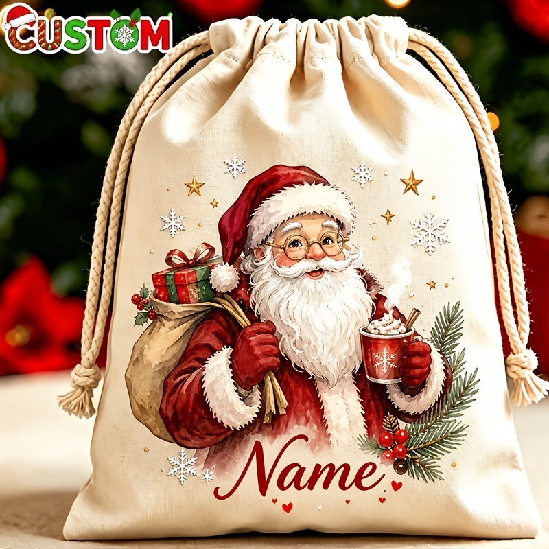 TEMU Custom Name Personalized Christmas Bags, Party Drawstring Gift Bags, Canvas Christmas Gift Bags, Drawstring Closure, , Lightweight And Foldable,