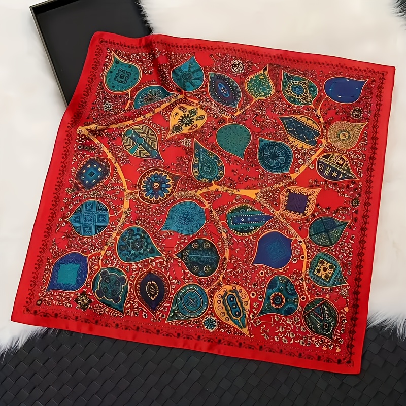 E-shop Damen 70 cm Roter Paisley-Druck Quadratischer Schal – Weich – Mandelförmig mit Blauen Gelben Mustern, Leichtes Windschutz-Stirnband Halstuch,