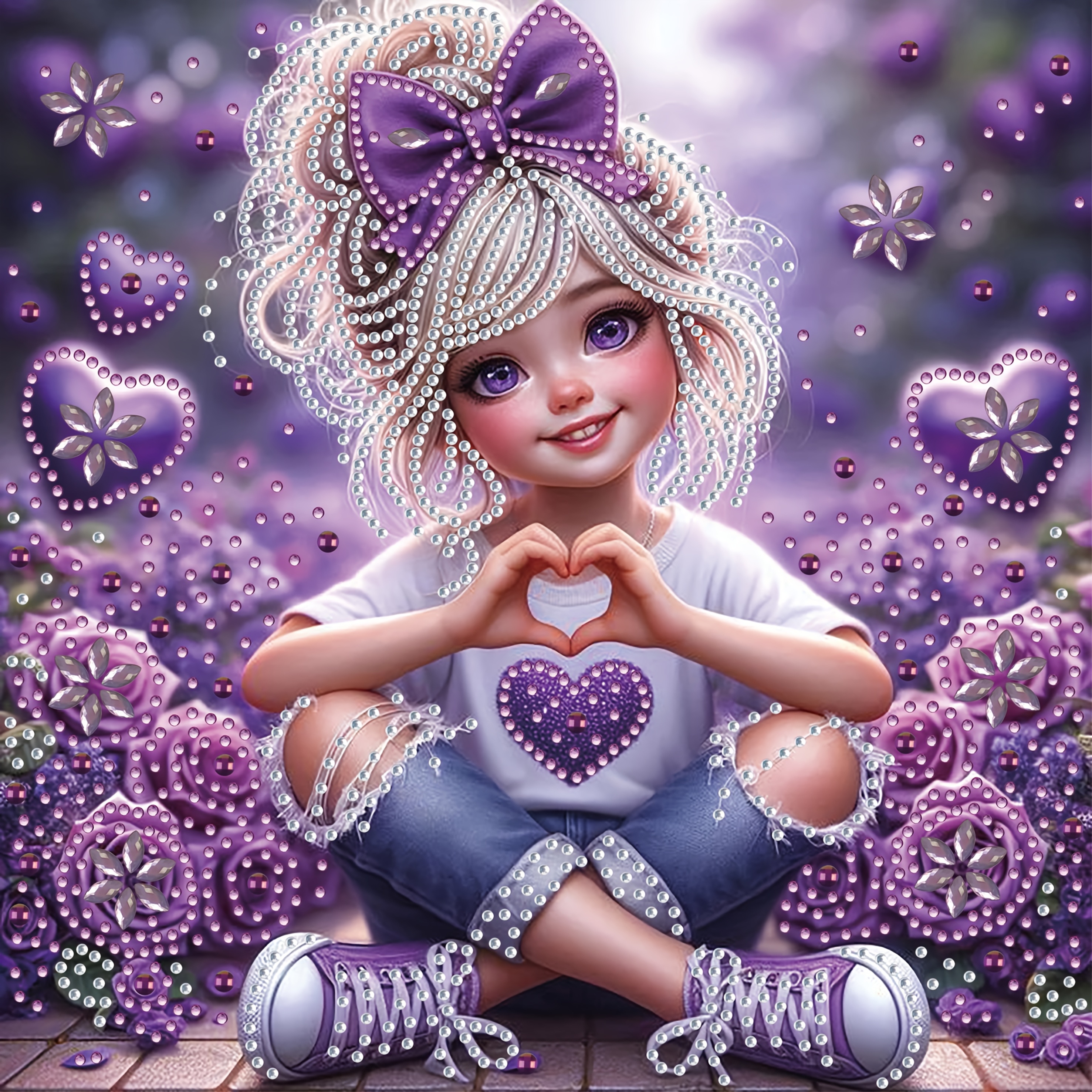 Image of A Collection Of Diamond Painting Kits "purple Cute Girl, " Featuring A Design With Irregular Diamonds. Finished Or Presented As Handmade Gifts To , Perfect For Decorating Living Rooms, Bedrooms
