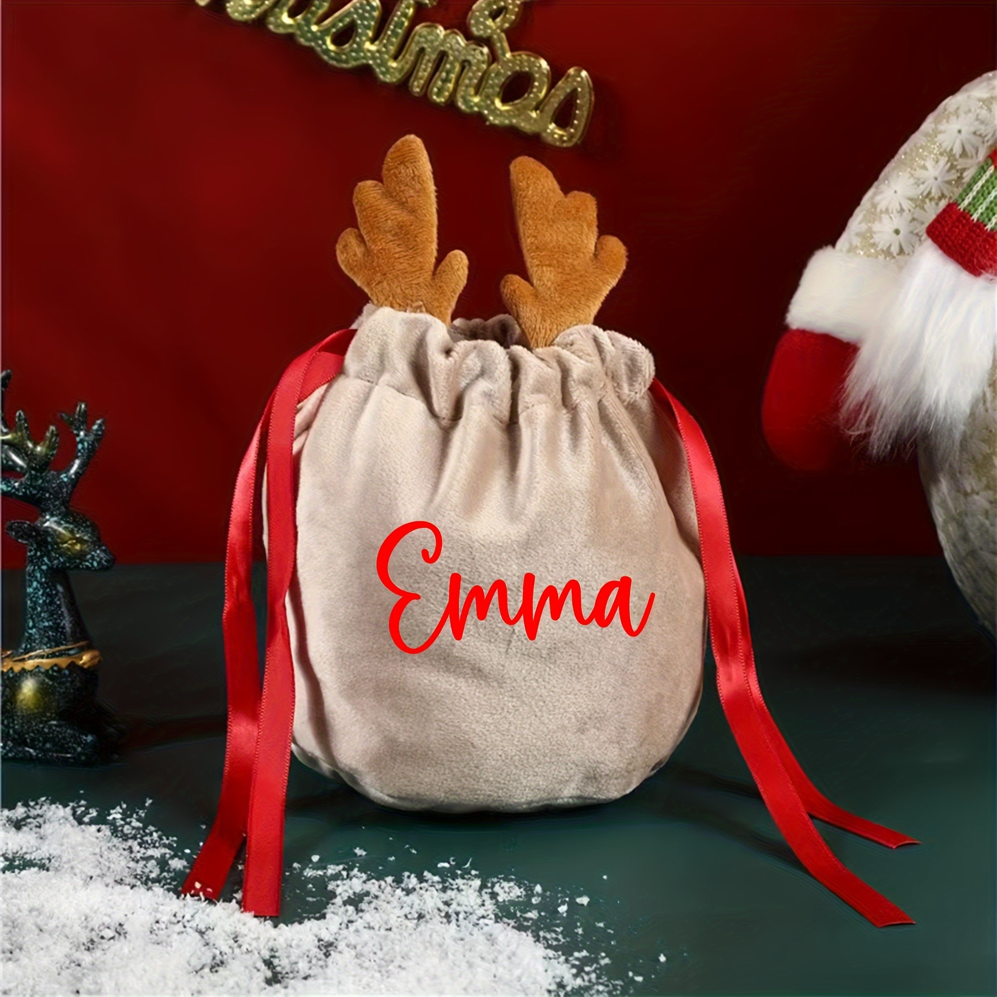 TEMU Bolsa de Regalo Navideña Personalizada - Bolsa de con Renos - Cordón Ajustable - Personalizada con - Bolsa de Navidad para