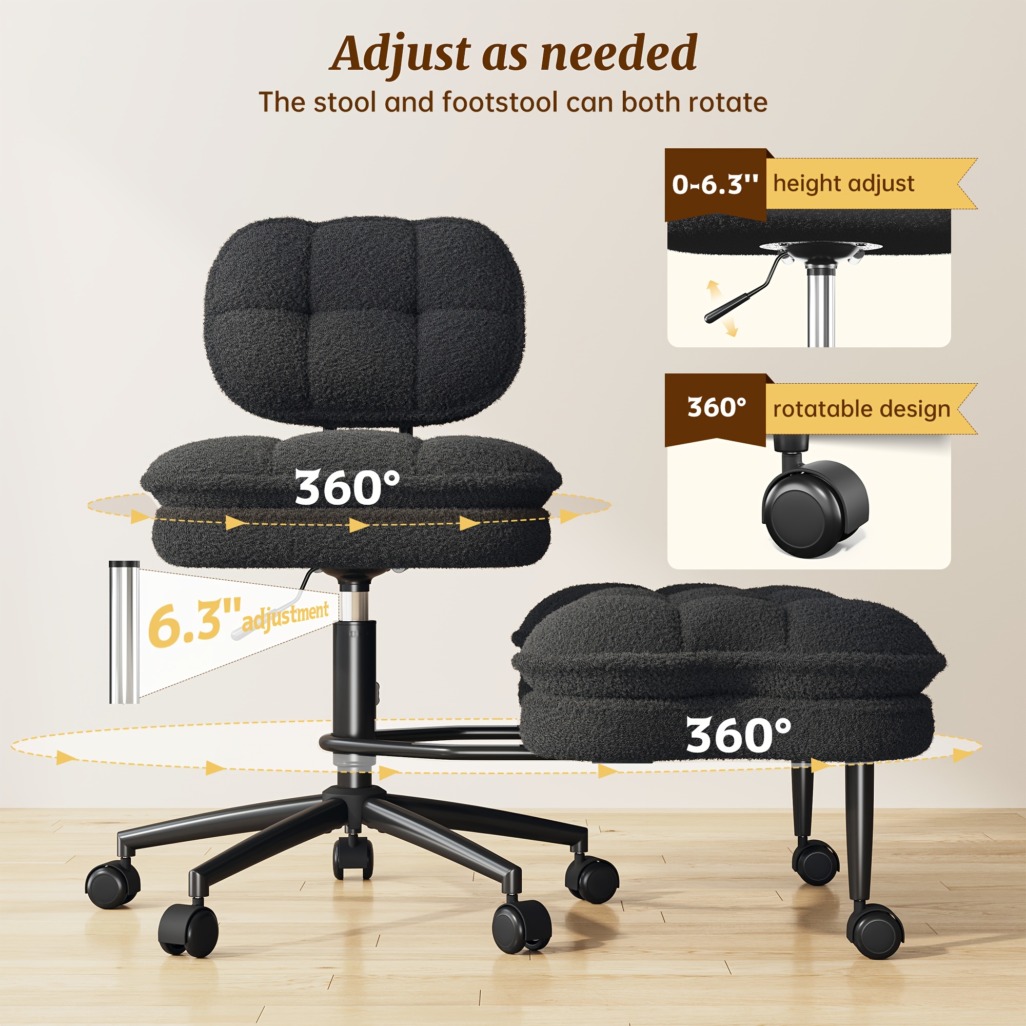 DURAYLOLY Ergonomic Cross Legged Chair, 360° Swivel Meditation Chair with Wheels, Height Adjustable Seat, Strong Lumbar Support, Home Office Furniture, Teddy Fabric