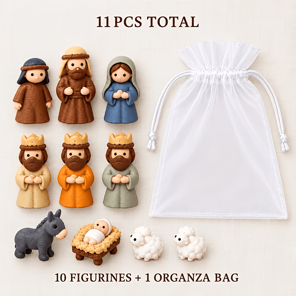 TEMU 11pcs Set Including 10 Figurines + 1 Storage Bag, Pocket Nativity Scene Miniature Model, Featuring Figures Of The Holy Family, 3 Wise Men,