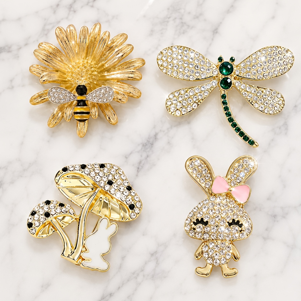 TEMU Lot de 4 broches vintage avec strass d'animaux de la forêt, épingles en trois dimensions avec marguerite, abeille, , et lapin entièrement ,