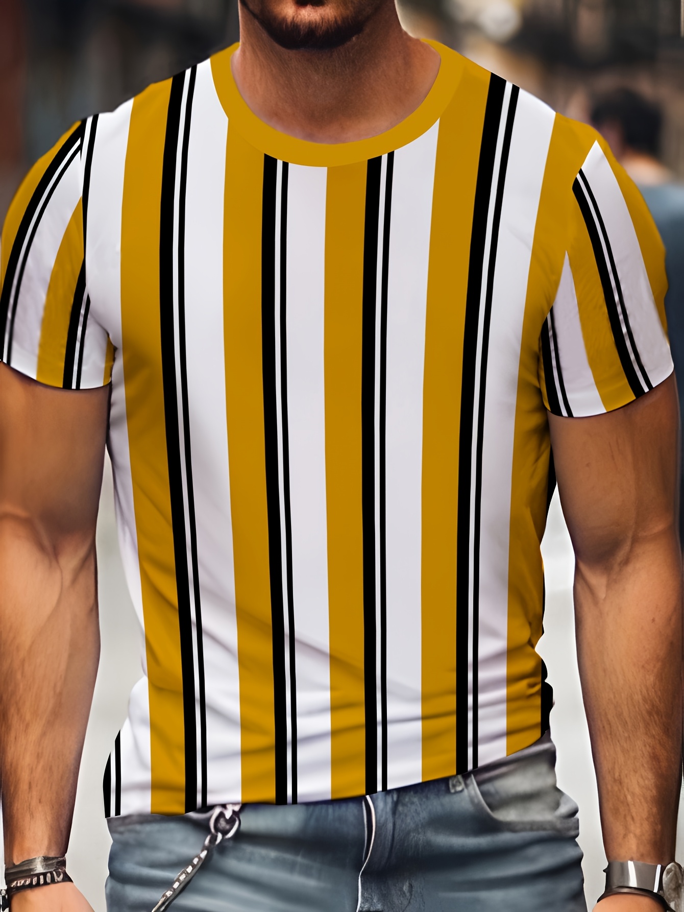 camiseta manga corta rayas amarillas blancas negras hombre Temu