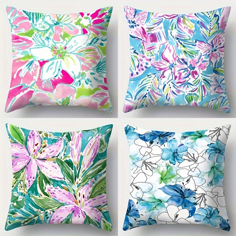 

4pcs Set Contemporary Floral & Graffiti Throw Pillow Covers - Vibrant, Soft Polyester, Zip Closure - Sofa, Bed, Office Chair Decor - 17.72" Square, Machine Washable