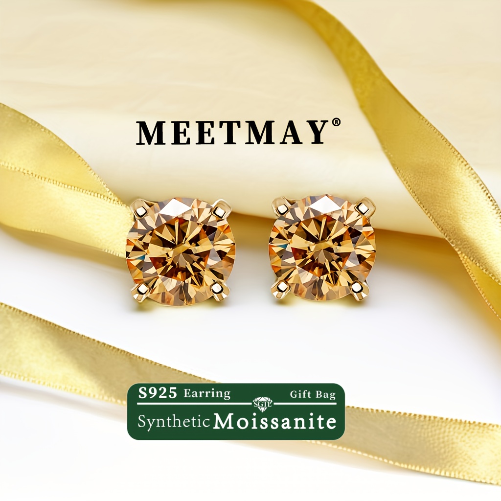 TEMU 2 Colors , Elegant S925 Silvery Four-claw Yellow Moissanite Earrings, Stylish And Easy, Elegant Theme, Christmas Gifts