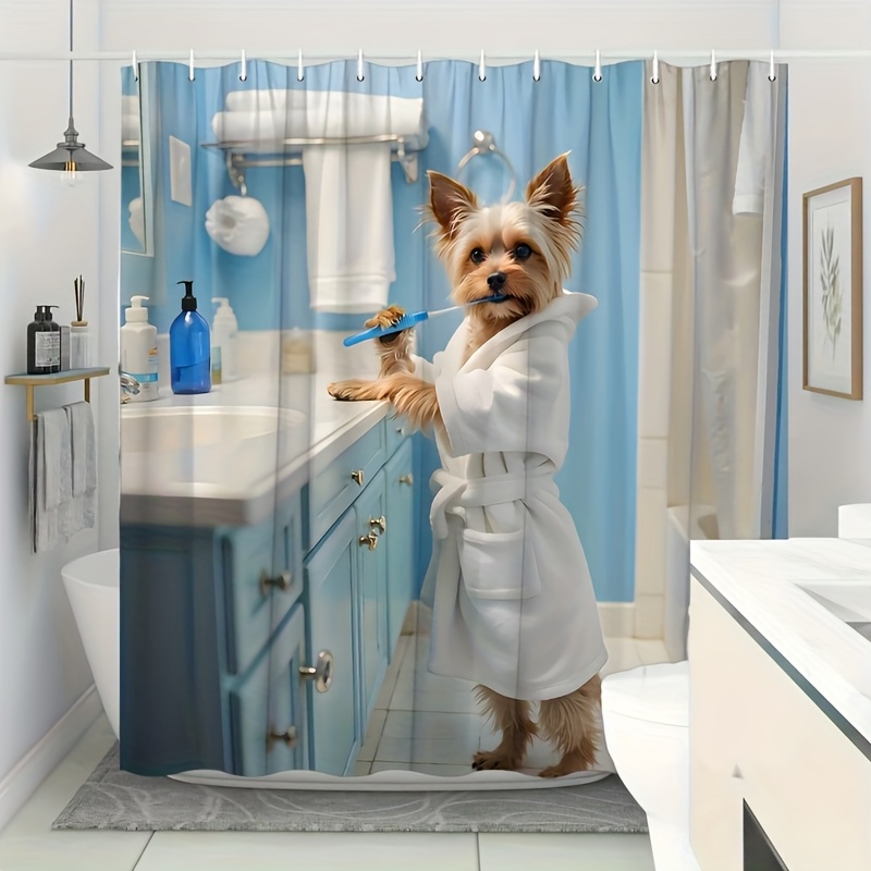 TEMU 1pc Whimsical Yorkshire Terrier In Bathrobe Shower Curtain - Machine Washable Polyester With 12 Hooks, Wave Fold For Bathroom Decor, Novelty Dog