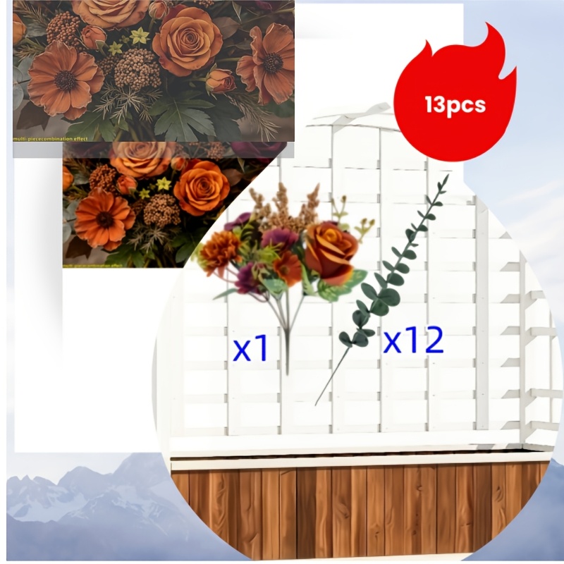 TEMU 13pcs - Autumn Warm- Mixed Artificial Bouquet, Sunflower, , Burgundy Rose, Peony, Red Orange Daisy, Light Small Flowers, Eucalyptus Combination,