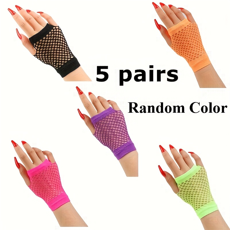 Image of 5/10pcs Random Colors Short Fishnet Fingerless Gloves, Solid Color Hollow Out Gloves, Punk Decorative Gloves For Party Nightclub Halloween Lace Gloves