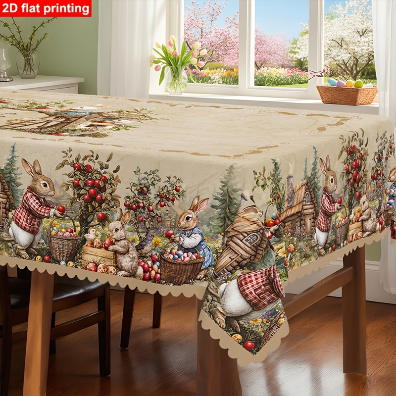 TEMU 1pc Of 2d Flat Easter-themed Party Tablecloth With Lace Trim, Featuring A - Design Of Spring/summer Rabbits, , Hedgehogs, And Colorful Eggs. In