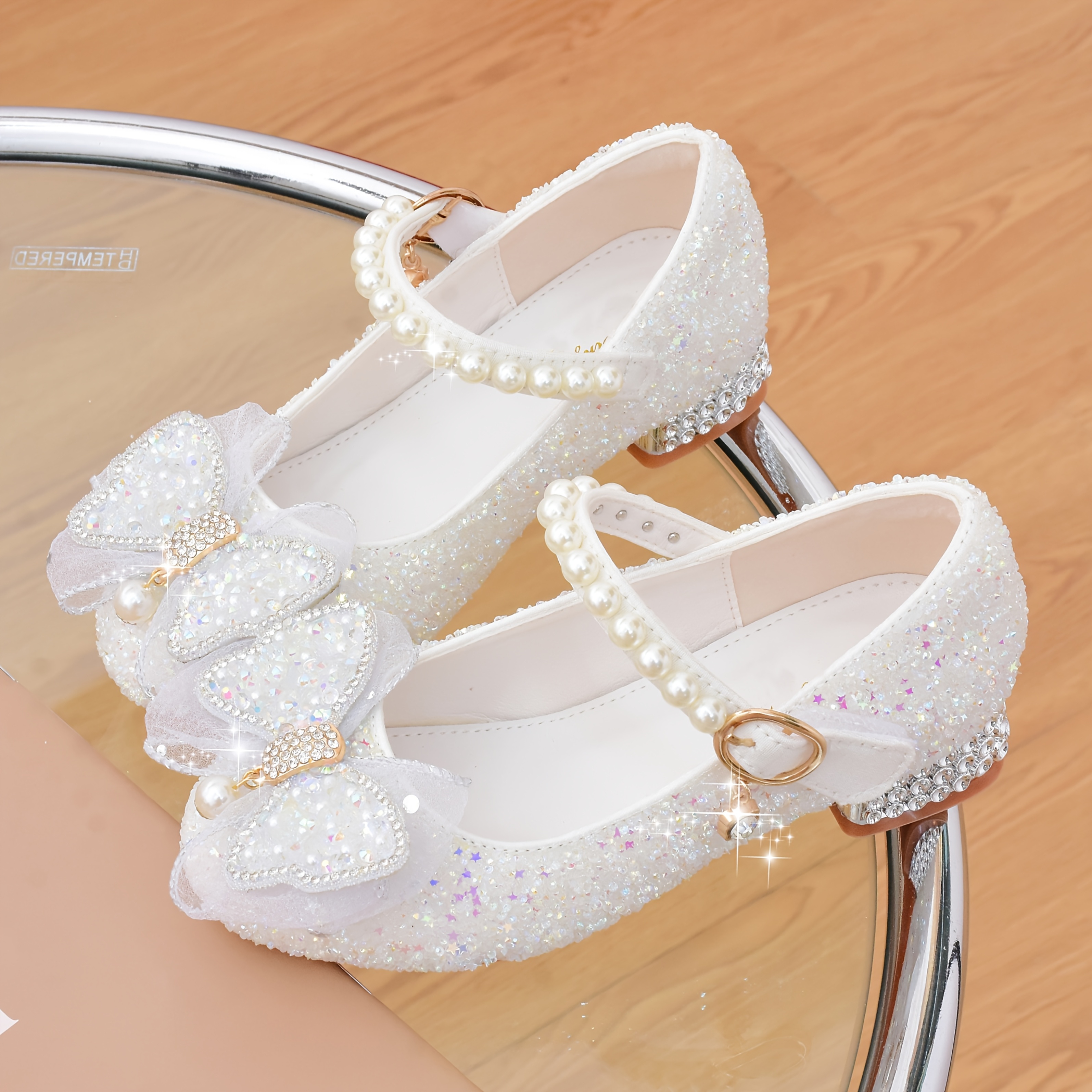 Image of Girls' Princess Shoes Fashion High Heels Pearl Bow Spring Autumn Single Shoe Shoe Tabletop Shoes Flower Child Shoes