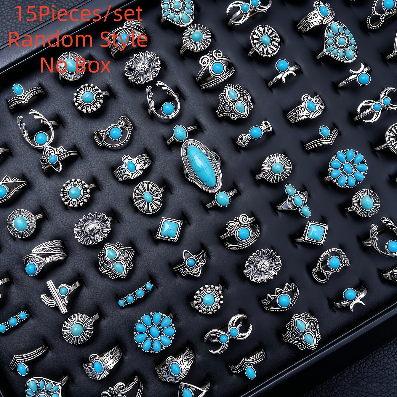 TEMU 15pcs Women's Fashion Vintage Turquoise Ring Set, Mixed Styles, And Trendy, For Parties, Gifting, And Daily Jewelry Accessories, Random Styles
