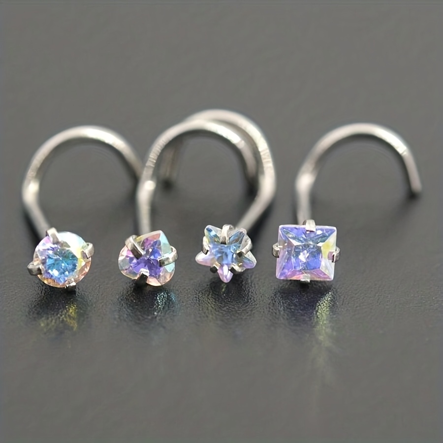 E-shop 4er-Set Modischer Damen-Nasenpiercing-Schmuck aus Edelstahl - Mit Rund//Herz/Quadrat Synthetischem Zirkonia besetzt - Ideal für den täglichen