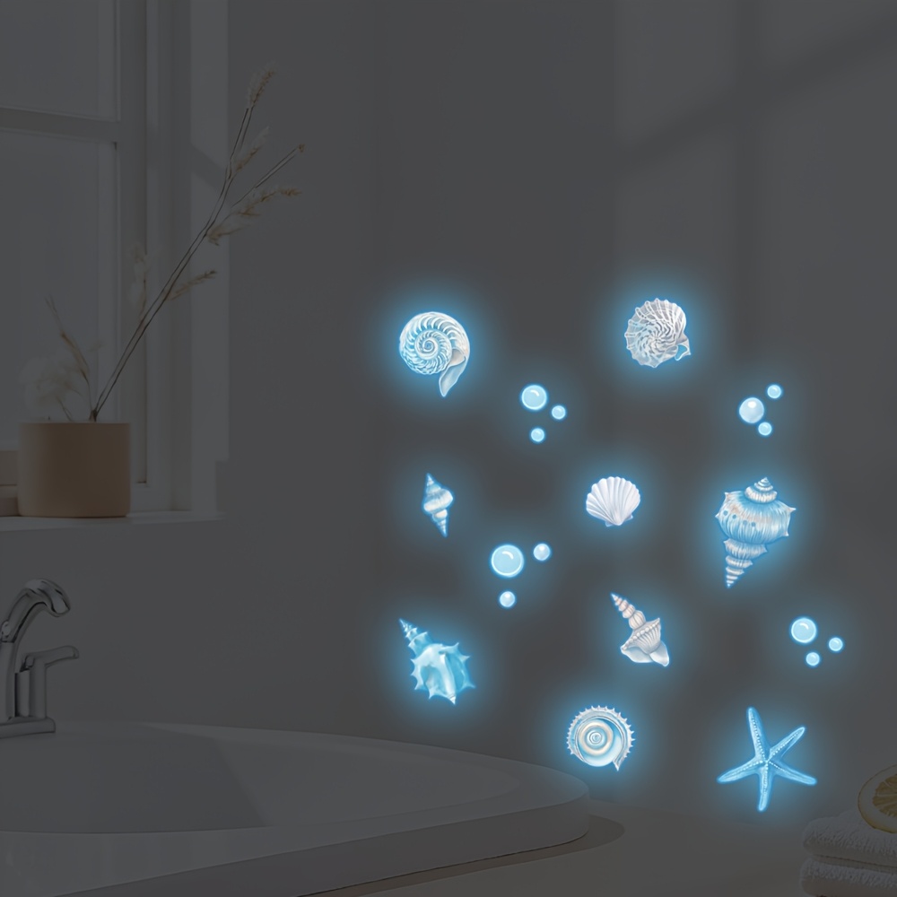 TEMU 1pc Luminous Blue Seashell And Starfish Bathroom Glass Sticker, Glowing Conch Bubble High Quality Self-adhesive Decal, Sink Bathtub Atmosphere