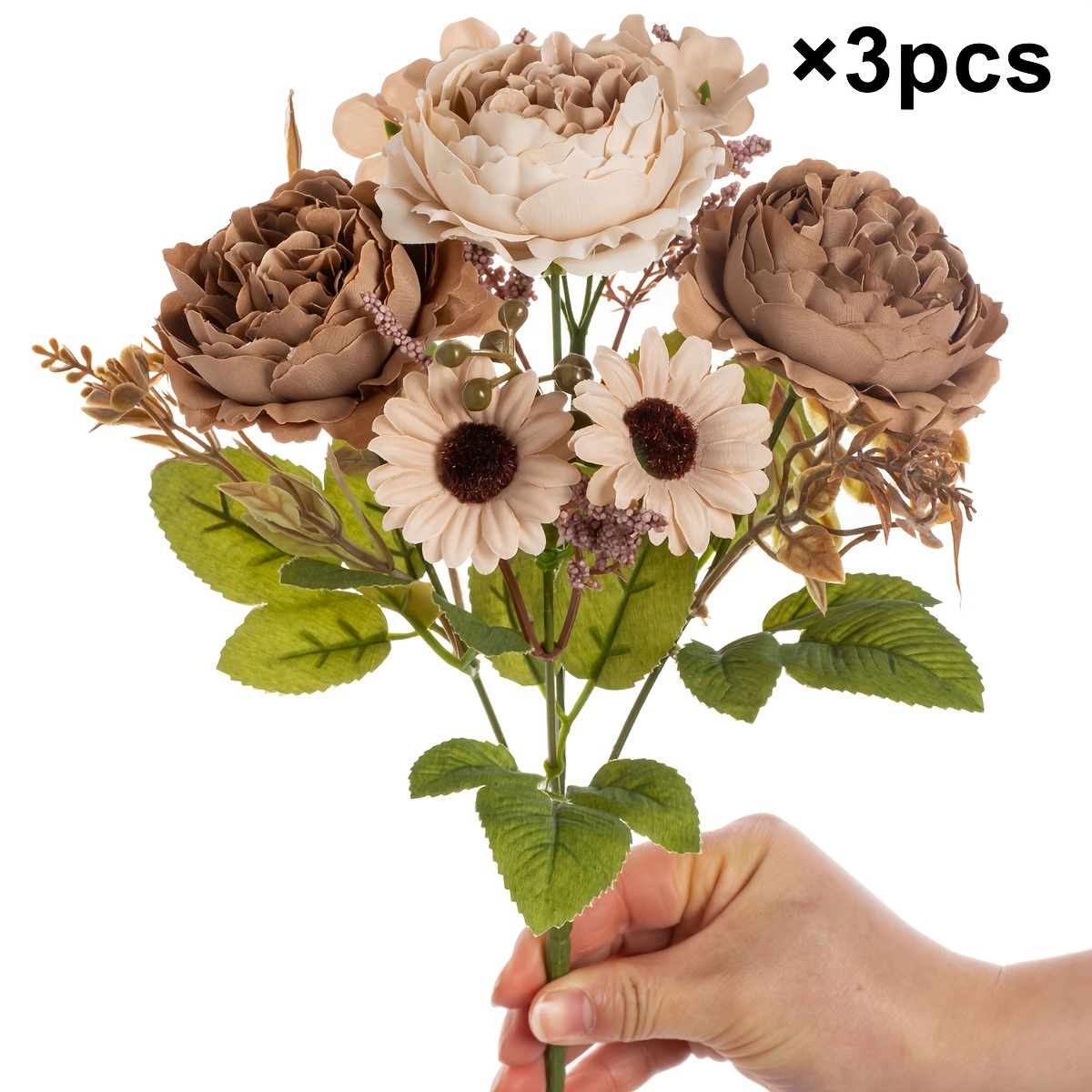 TEMU 3pcs Brown Peony & Daisy Bouquets With Rich Hues. Elegant & Durable, No Maintenance. Ideal For Home, Bathroom, Yard, Wedding Baskets, Bridal
