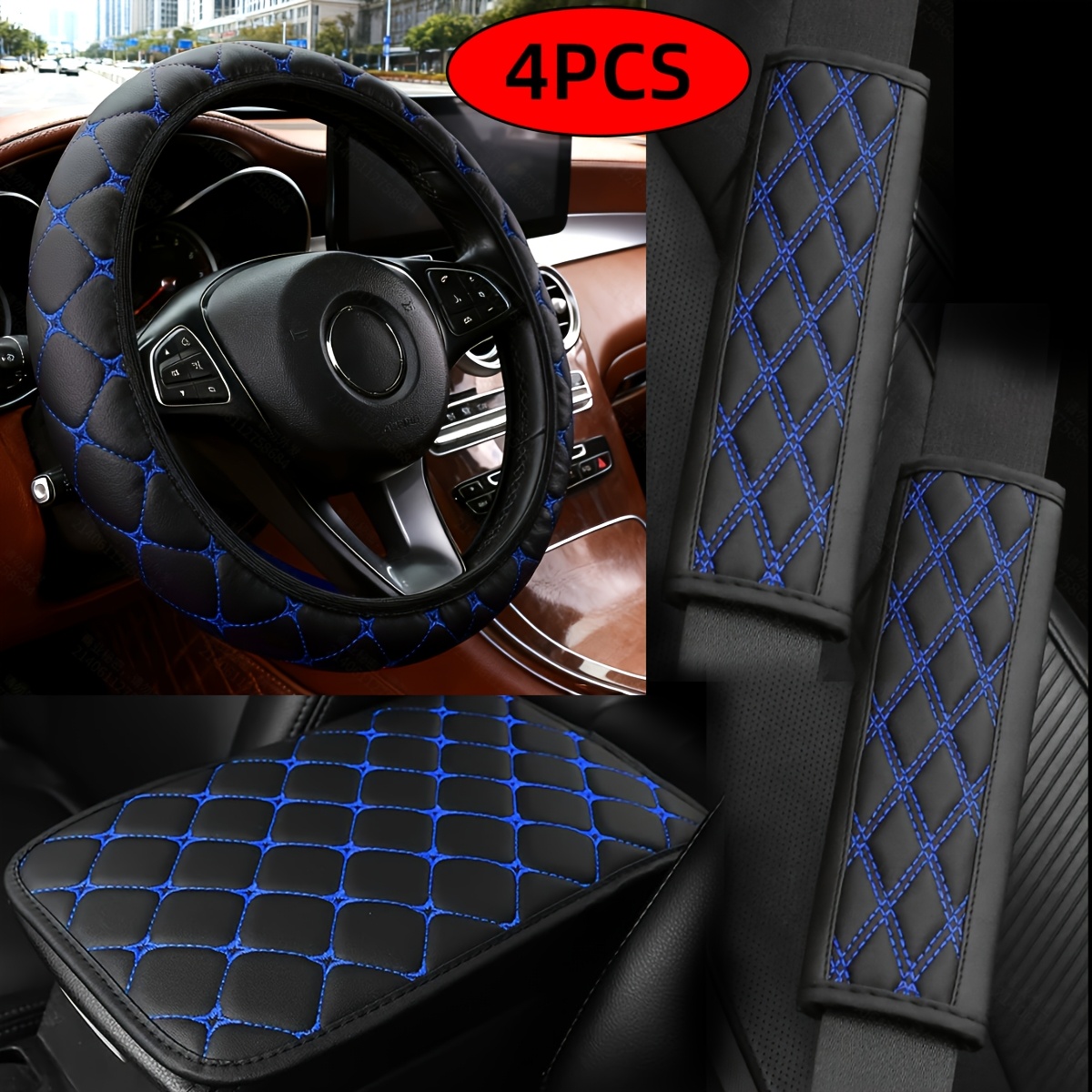 TEMU 4pcs Car Interior Accessory Set, Universal Size, Suitable For Various Car Models. Includes Steering Wheel Cover, Seat Belt Shoulder Pads, And