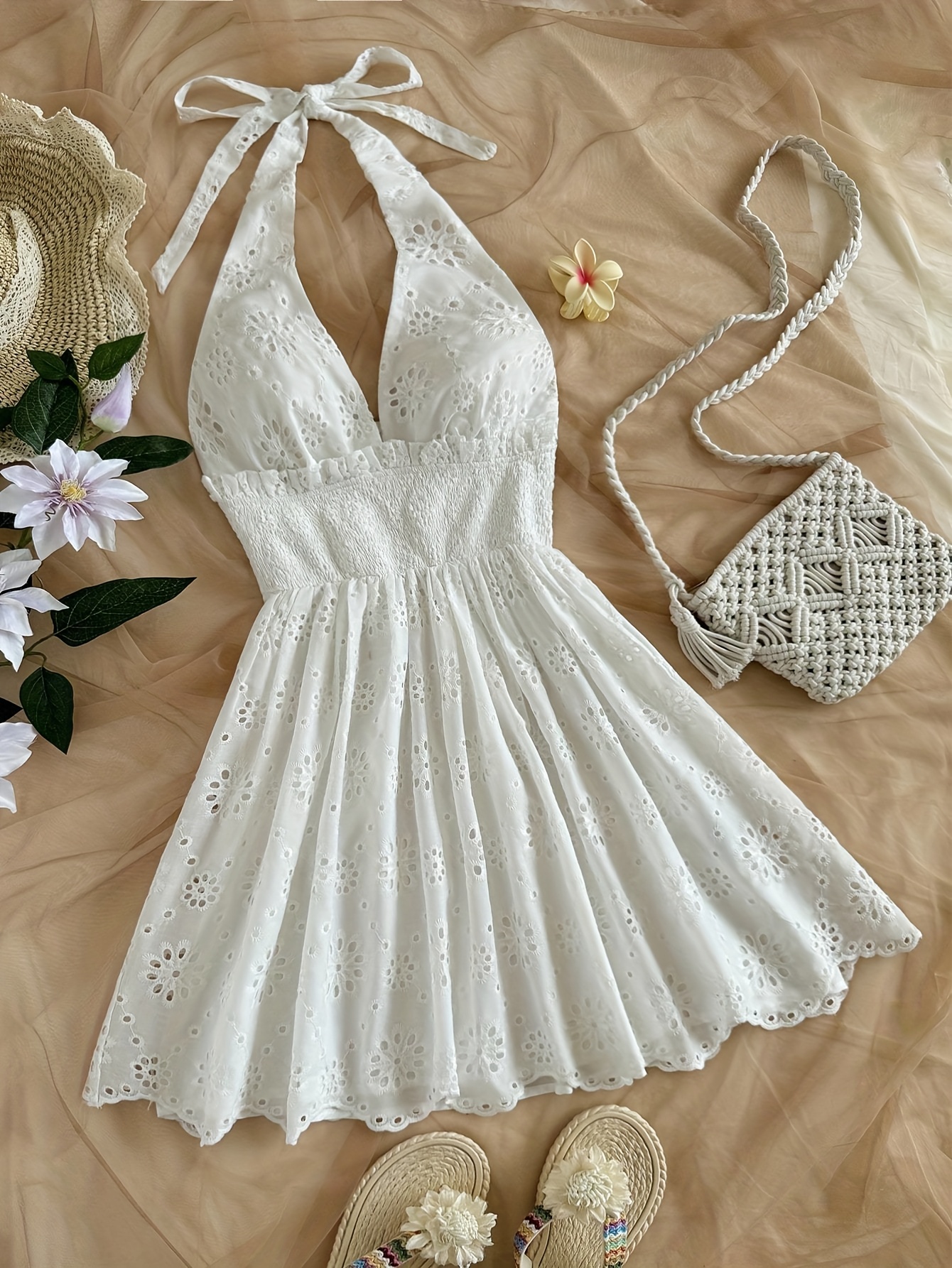 elegant white halter neck backless mini dress lace detail - Temu Norway