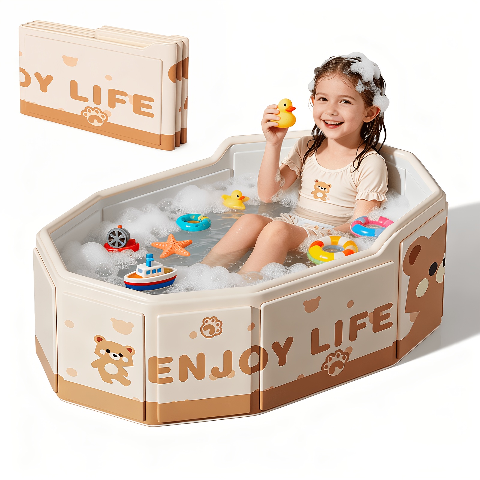 Foldable Baby Bathtub, Portable Collapsible Toddler Bath Tub With Large Capacity, No-installation Foldable For Infants And Kids, Space-saving Shower Basin For Bathroom, Bear Pattern
