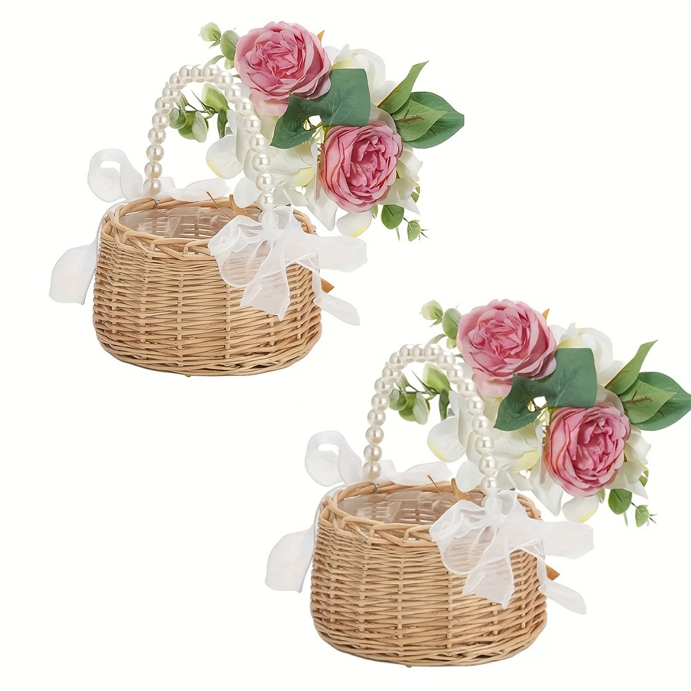 

2 Pcs Wicker Rattan Picnic Basket Handwoven Basket Flower Girl Basket Decorative Flower Basket With Pearl Handle Natural Woven Storage Basket For Gifts Decor