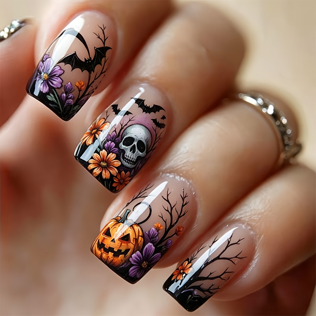 TEMU 24pcs Faux Ongles à Pression pour Femme, Ongles Artificiels Brillants Effrayants à Couverture Complète avec Motif Chauve-souris, et Citrouille
