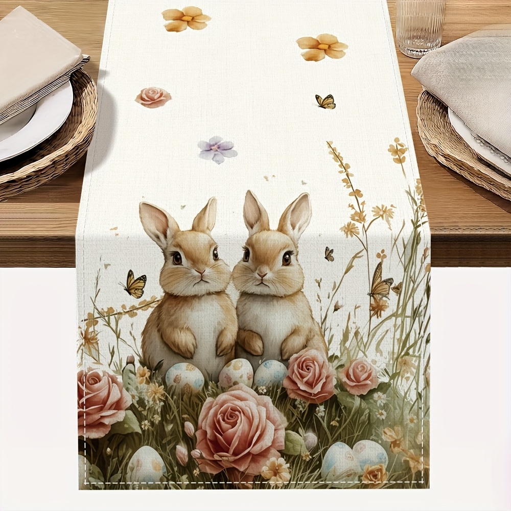 

Easter Bunny & Egg Polyester Tablecloth - Cute Spring/ Decor, Machine-woven Fabric For Home & Party, Polyester, Easter Tablecloth, And Egg Design, Machine Woven