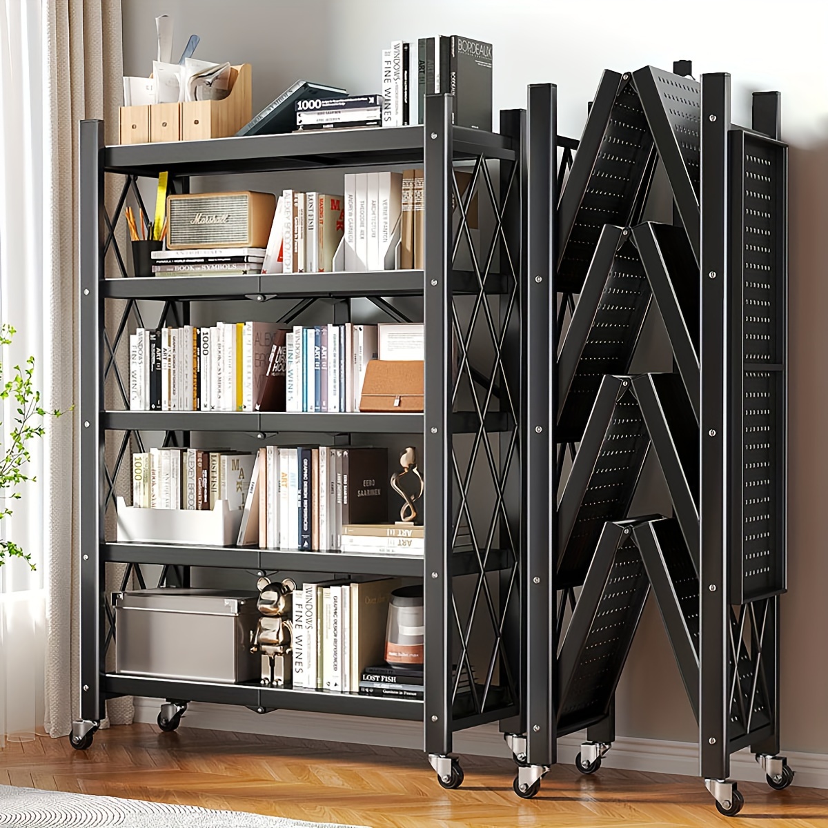 

5-tier Heavy Duty Foldable Metal Rack Storage Shelving With Wheels Moving Organizer Shelves Great For To 1250 Lbs Capacity, Black