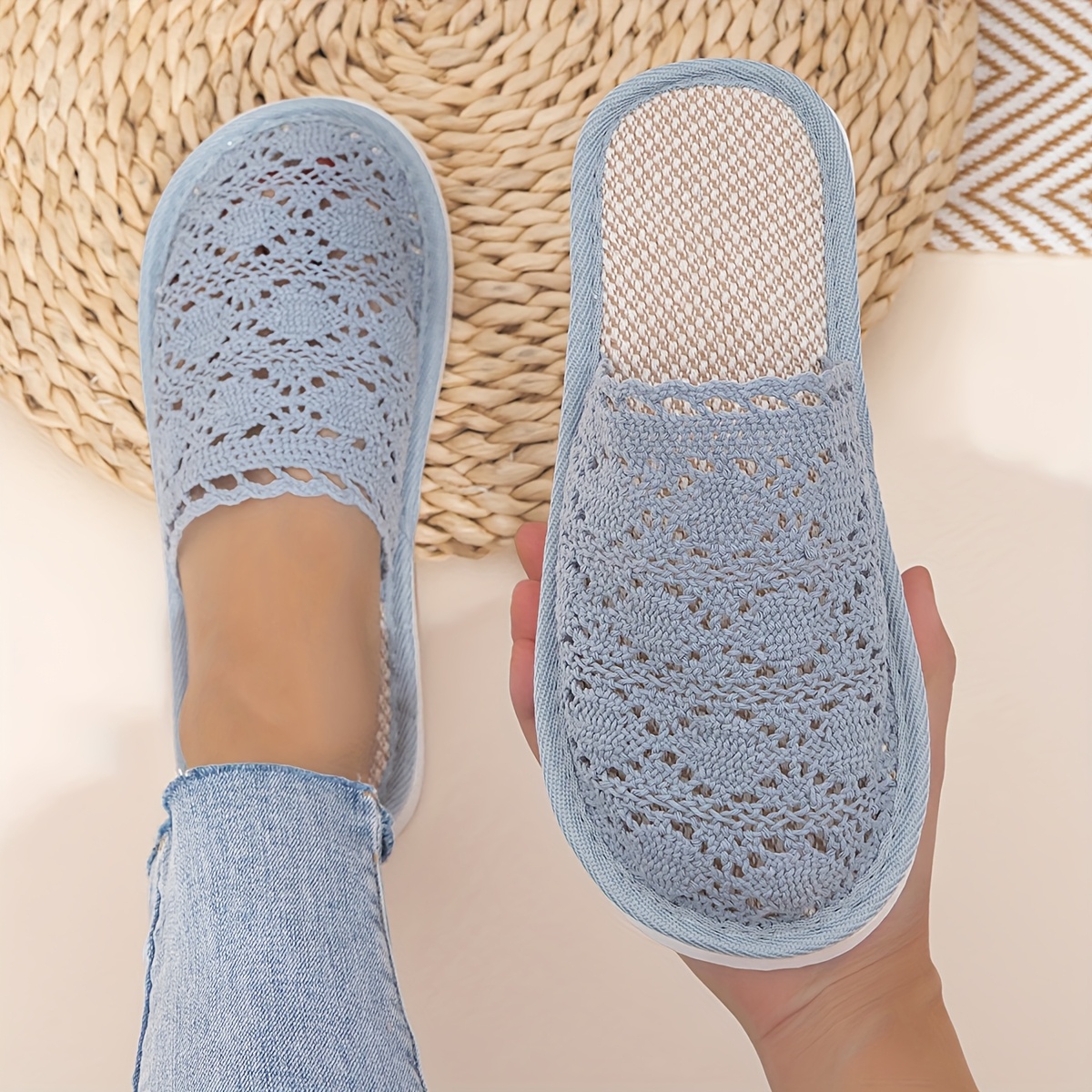 Image of Women's New Lace-woven Linen Slippers, Indoor Home Comfortable Quiet Hollow-out Breathable Bedroom Couple's Floor Slippers, Women Shoes