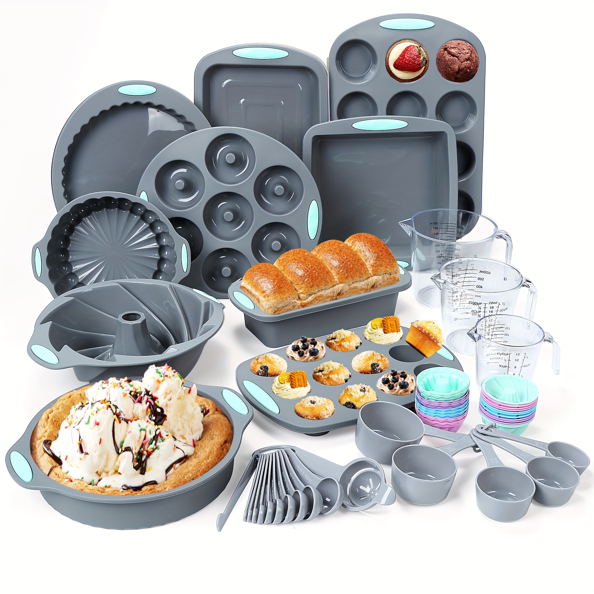 

54 Pieces Silicone Baking Pan Set, Silicone Cake Molds, Baking Sheet, Donut Pan, Silicone Muffin Pan With 24 Pack Silicone Baking Cups, Dishwasher Safe