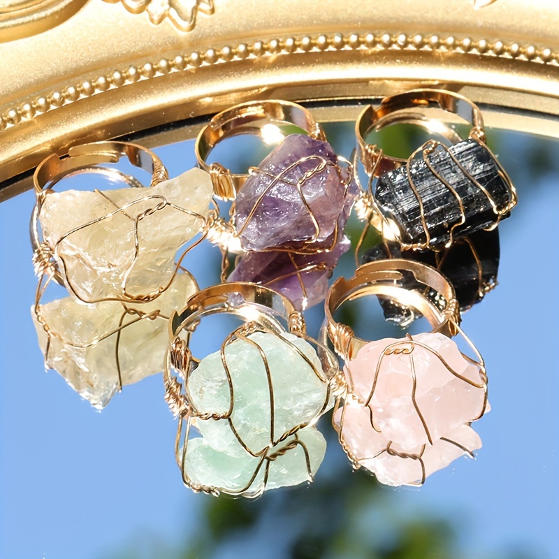 Boho Vintage Style Natural Stone Copper Rings Set