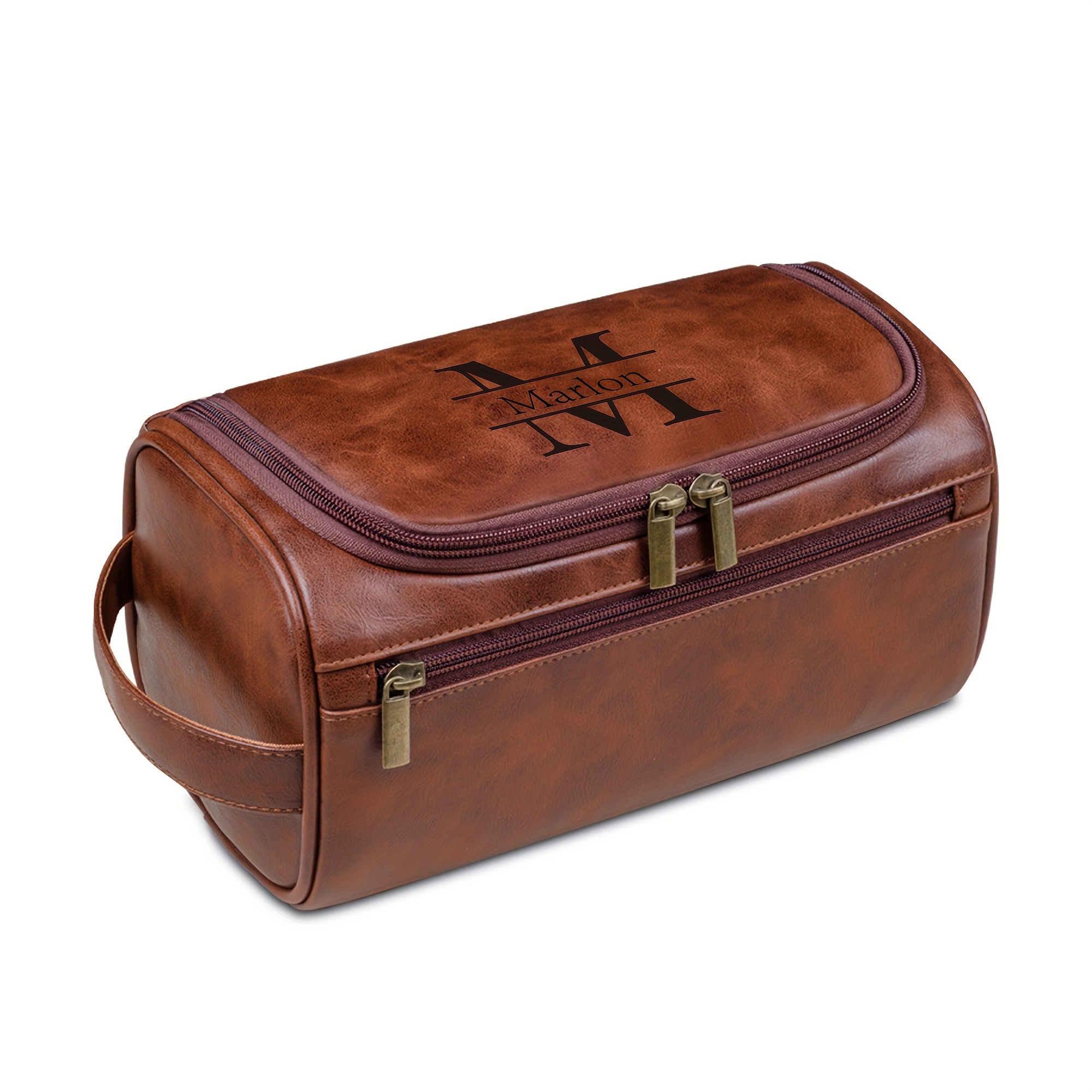 

Men's Custom Engraved Pu Leather Toiletry Bag - Simple Style Travel Dopp Kit With Personalized Laser Etching