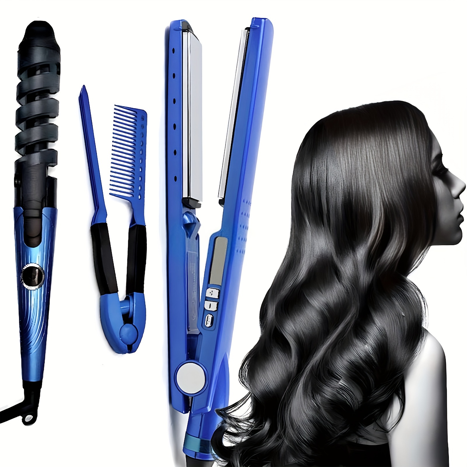 

3pcs Hairdressing Set, Straightener Iron, Curler, V Shaped Comb, Multifunctional Styling For Use, For Women And Daught