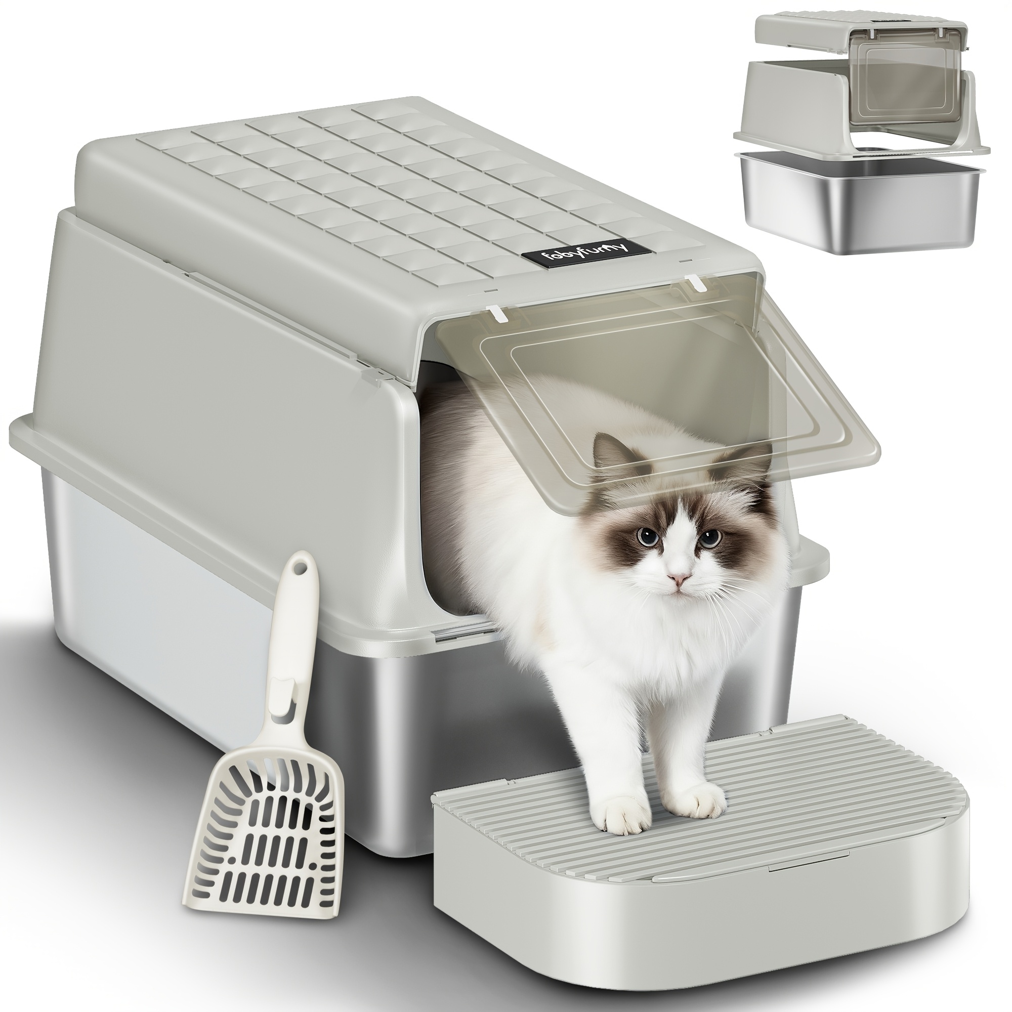 Xxl Enclosed Metal Cat Litter Box With Lid, Stainless Steel, Includes Scoop , Removable, 120° Hinged Lid For , Cream Grey Color, Without Battery