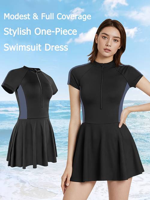 womens modest one piece swim dress full coverage short sleeve zip front bathing suit with skirt