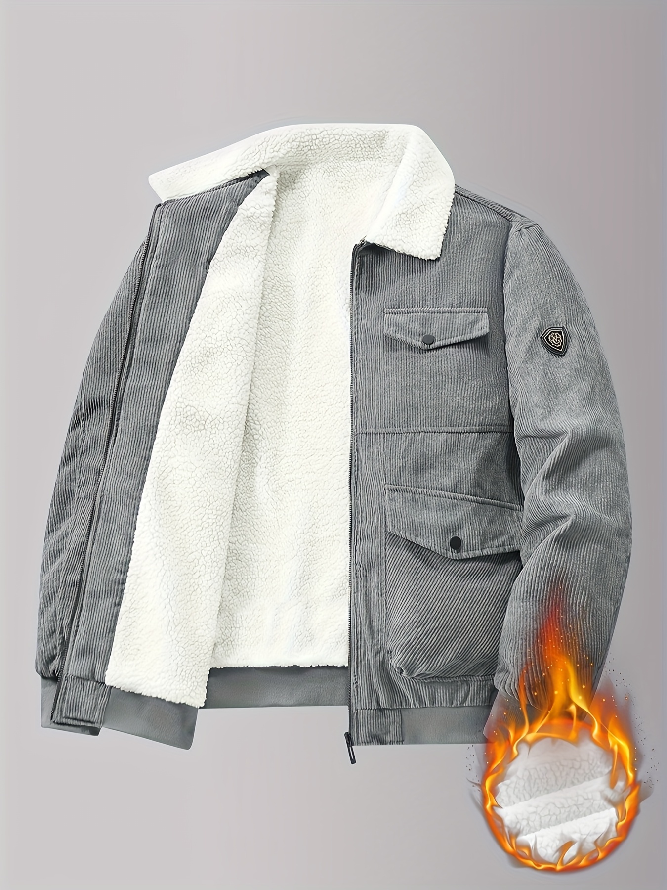 mens fashion black corduroy jacket with plush lining   large pockets zippered collar   autumn and   Product details 7