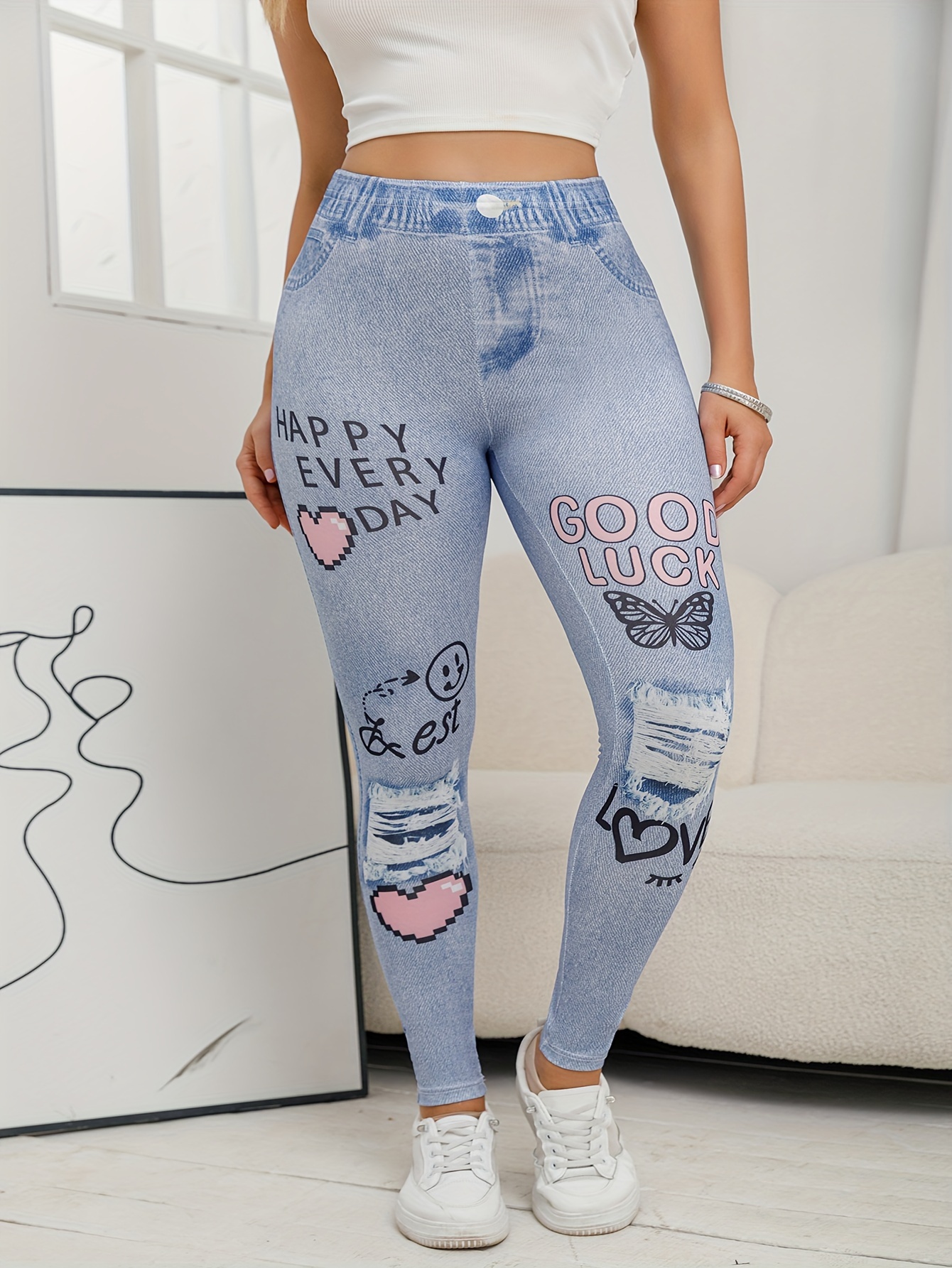 women's high waisted denim leggings alphabet print Temu Philippines