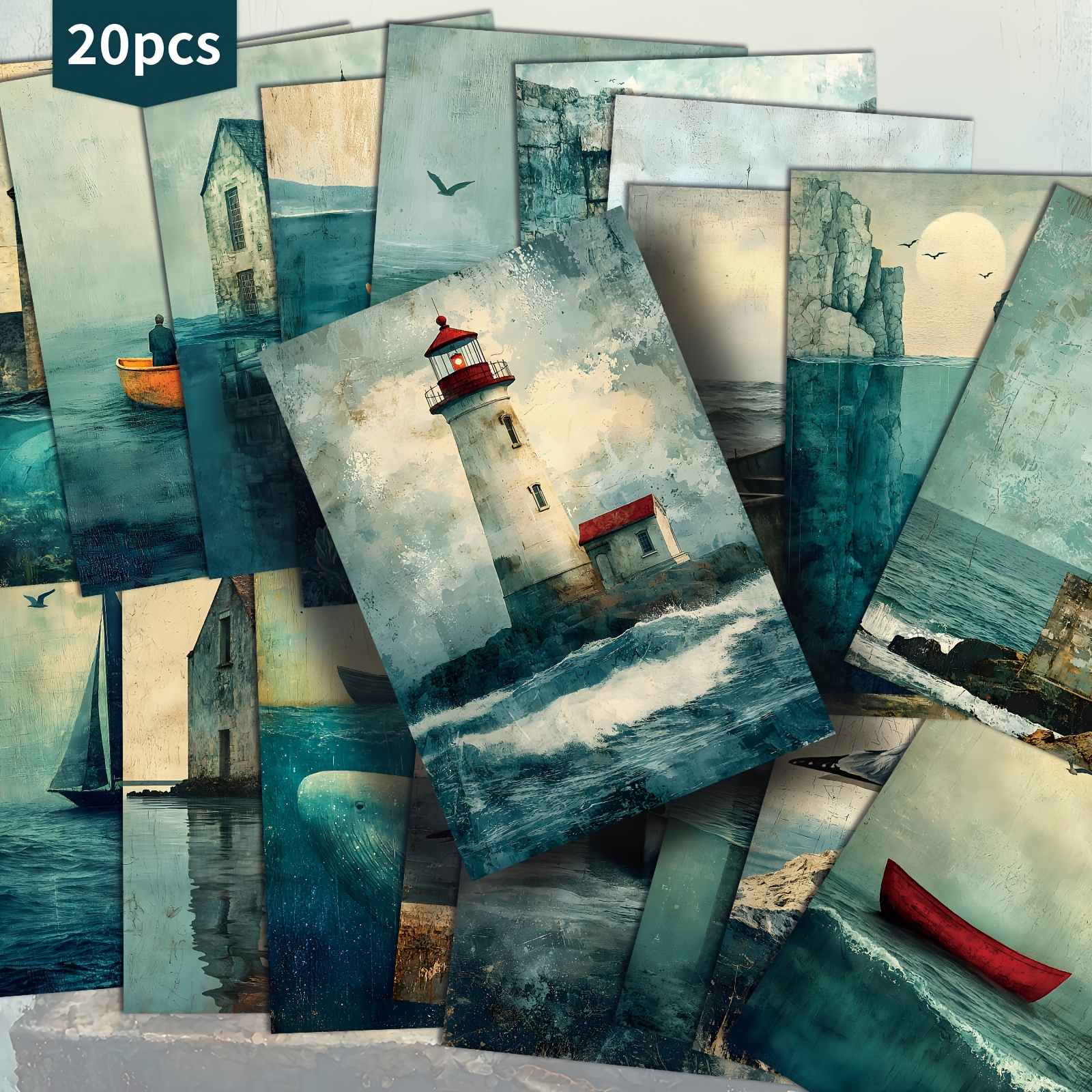Image of 20 Pack Vintage Blue Ocean Lighthouse House Paper Postcards - 4x6 Inches Vintage Junk Journal Paper, Classic Pinup Illustrations, Collectible Decorative Painting Cards For Scrapbooking & Crafting