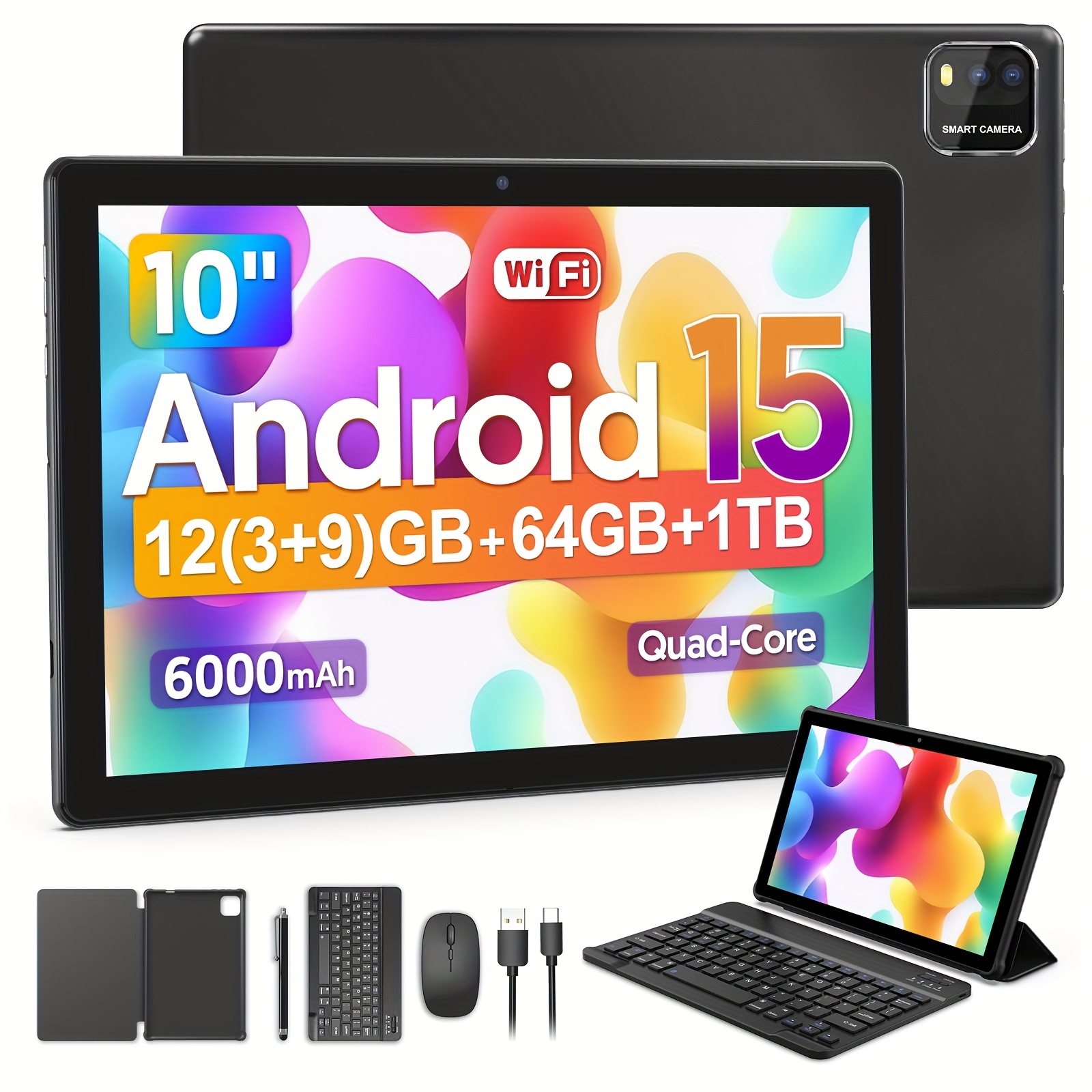 TEMU 2-in-1 Keyboard Tablet Android 15 Tablets 12(3gb + 9gb Extended) , 64gb Rom + 512gb Or 1tb Tf Card Extended, 4-core Cpu, 6000mah Big Battery,