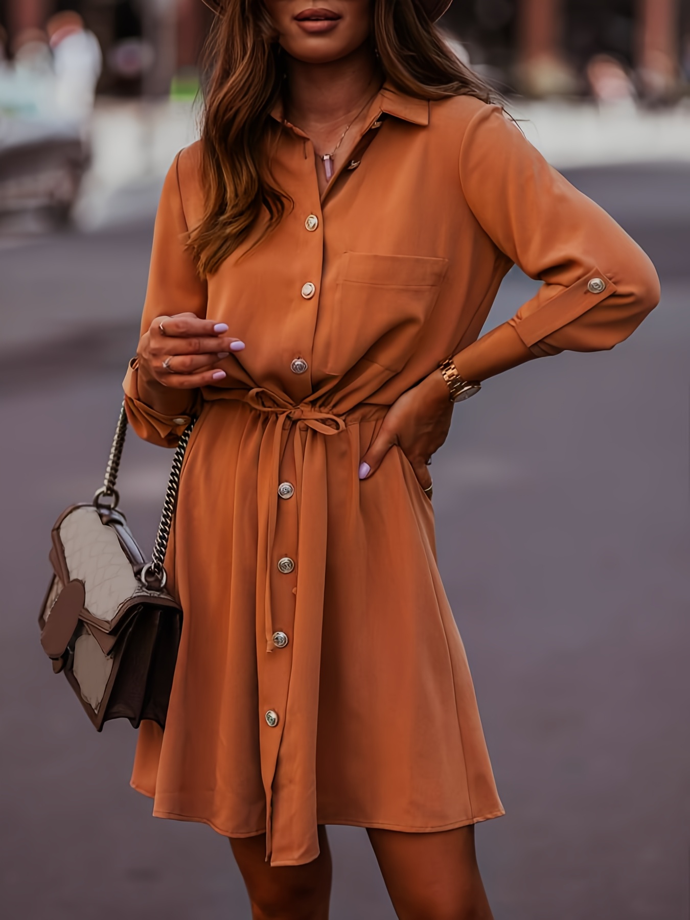 Robe chemise décontractée à col boutonné pour femmes Manches longues,  longueur à la cheville avec poches polyester marron pour */automne