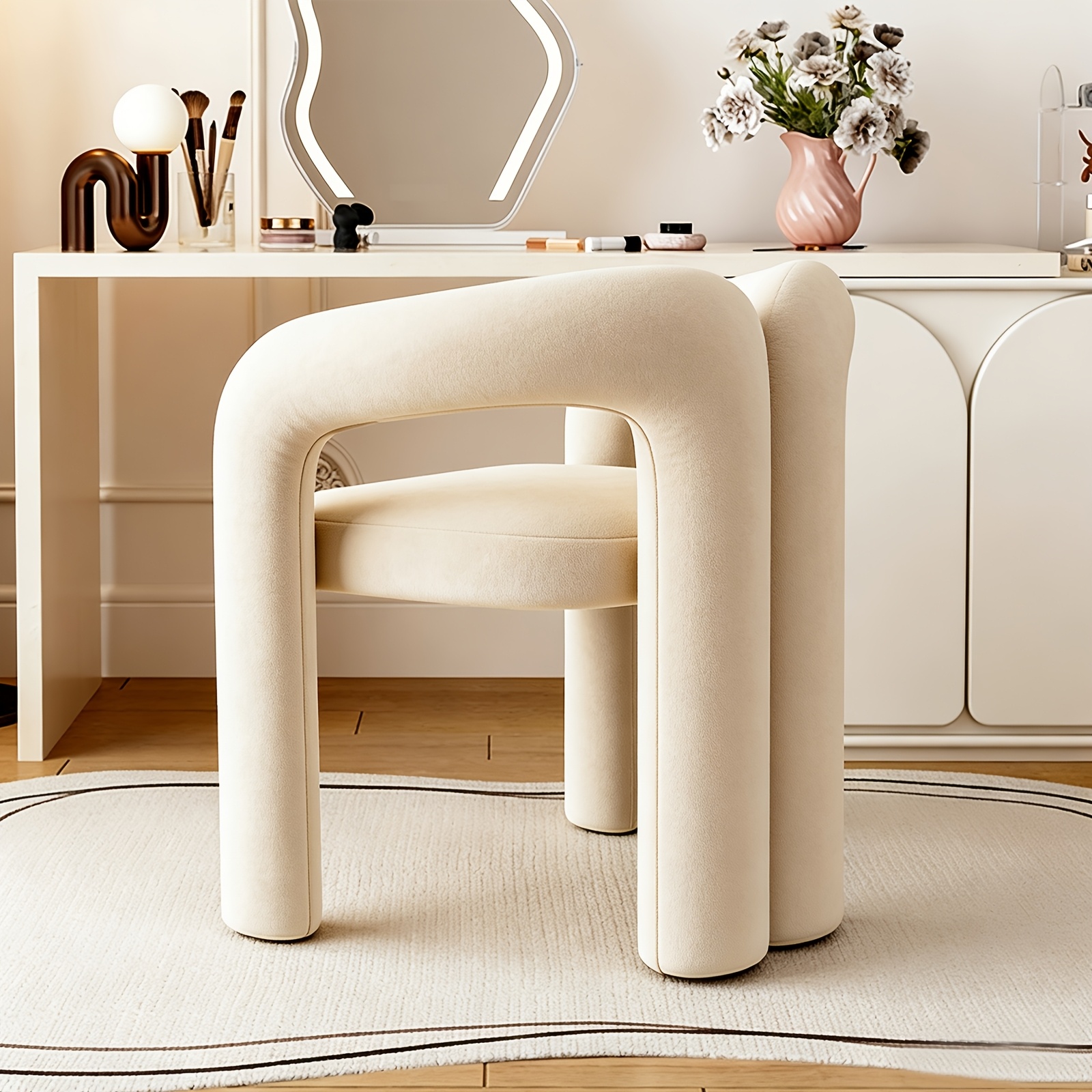 Cream Style Velvet Makeup Chair | Modern Casual Chair With Cute Curved Armrest, Nordic , Suitable For Bedroom And Living Room, Polyester Upholstery, Metal Frame
