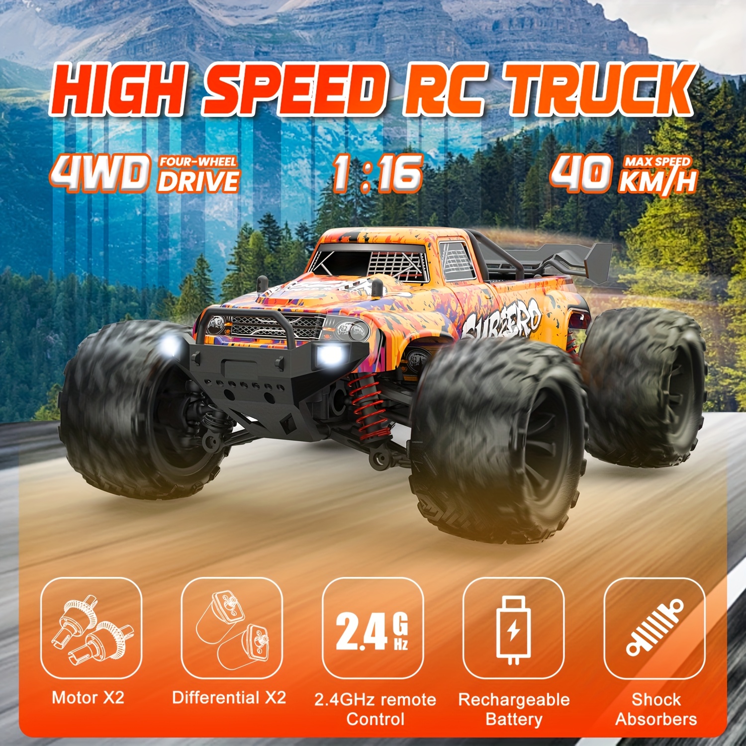 1:16 RC Car, 48Km/h 4WD RC Off-road Vehicle with High Speed Motor, RC Stunt Car with Metal Hydraulic Shock Absorber And Alloy Differential, High Speed Drift Truck, RC Off-road Toy, Ideal Holiday Gift